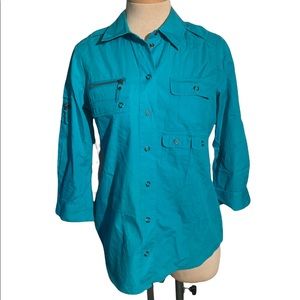 Chico's Teal Utility Button Down Shirt Snap Buttons Cargo Pockets  Size 0
